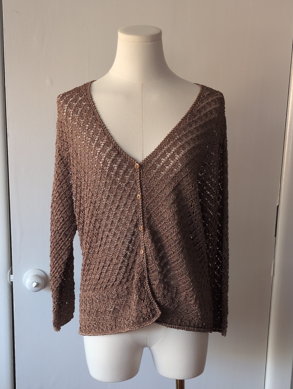 Norton McNaughton Cable-Texture V-Neck Button Sweater in Brown - Size Medium